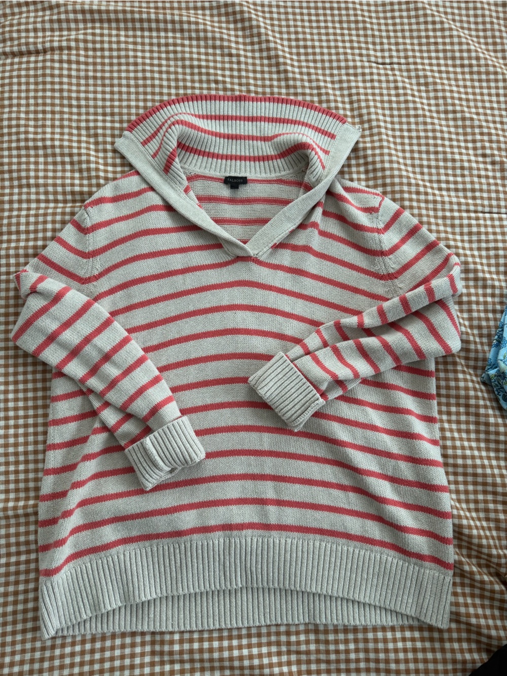 Talbots Striped Crewneck Sweater in Tan and Coral Pink